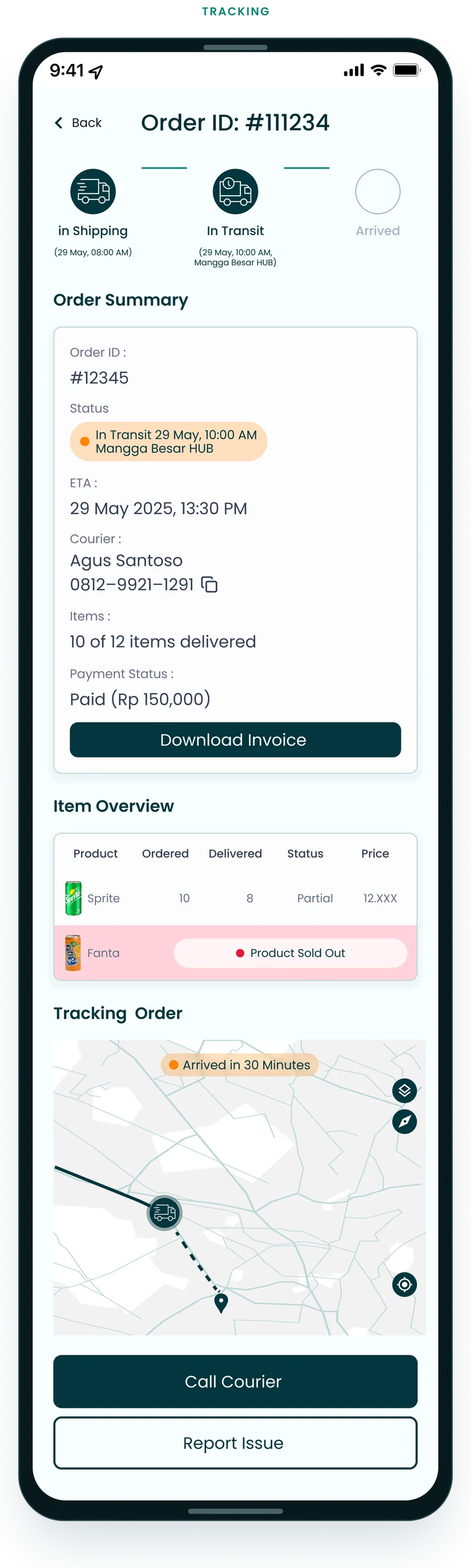 B2B Supply Chain — Tracking: order summary, items and live map