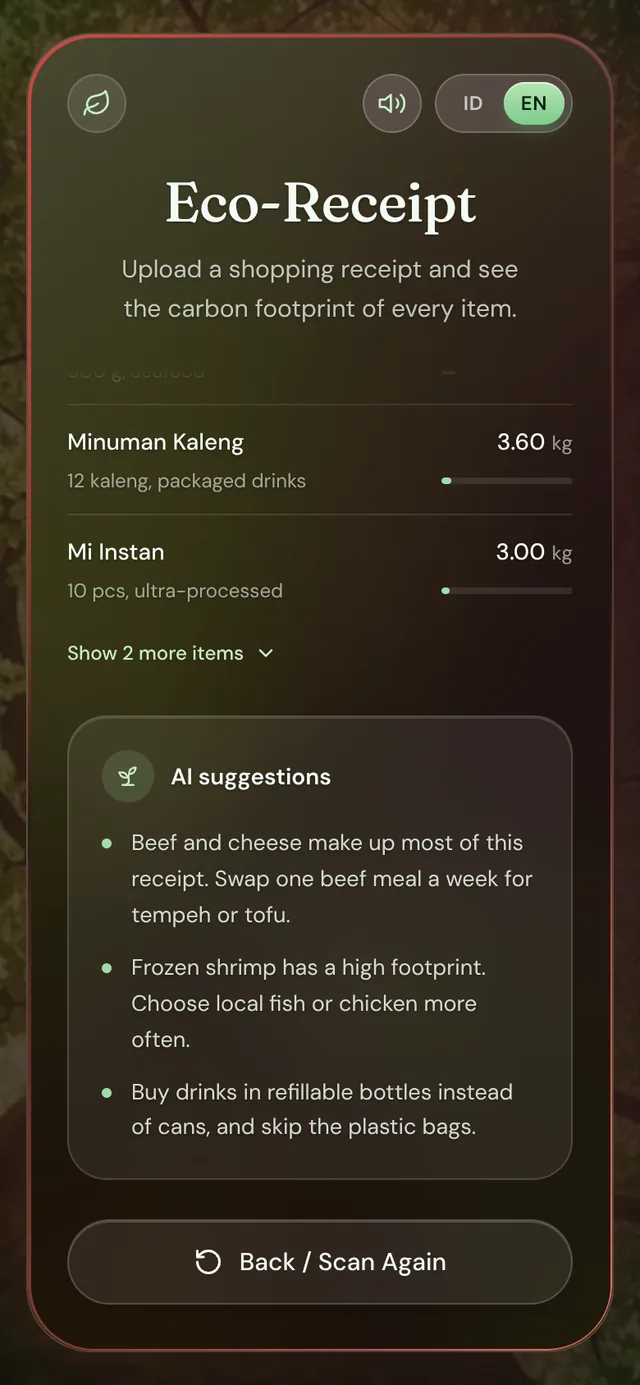 ECO Receipt — item breakdown and AI suggestions, high-carbon basket