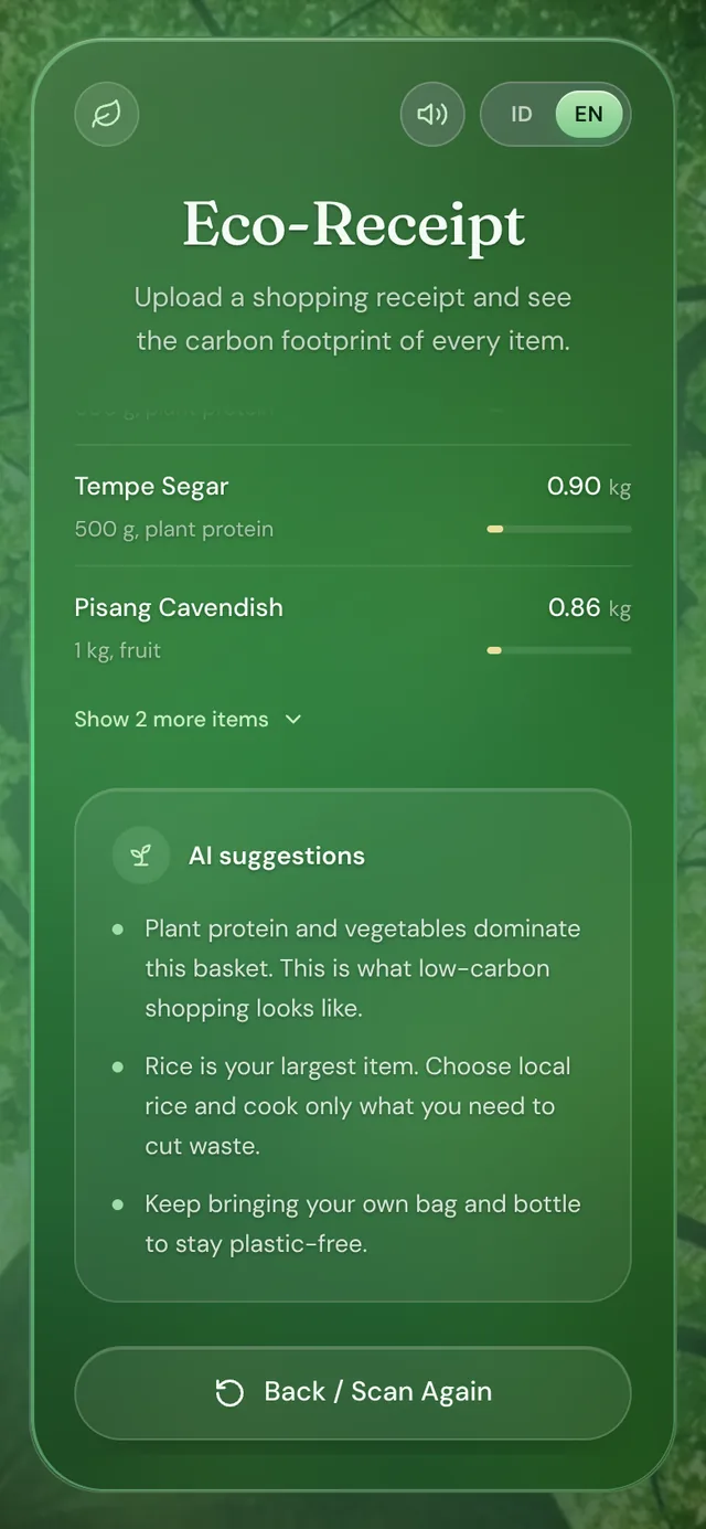 ECO Receipt — item breakdown and AI suggestions, low-carbon basket