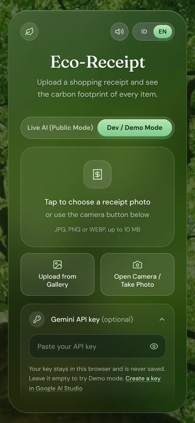ECO Receipt — upload screen with Dev / Demo mode
