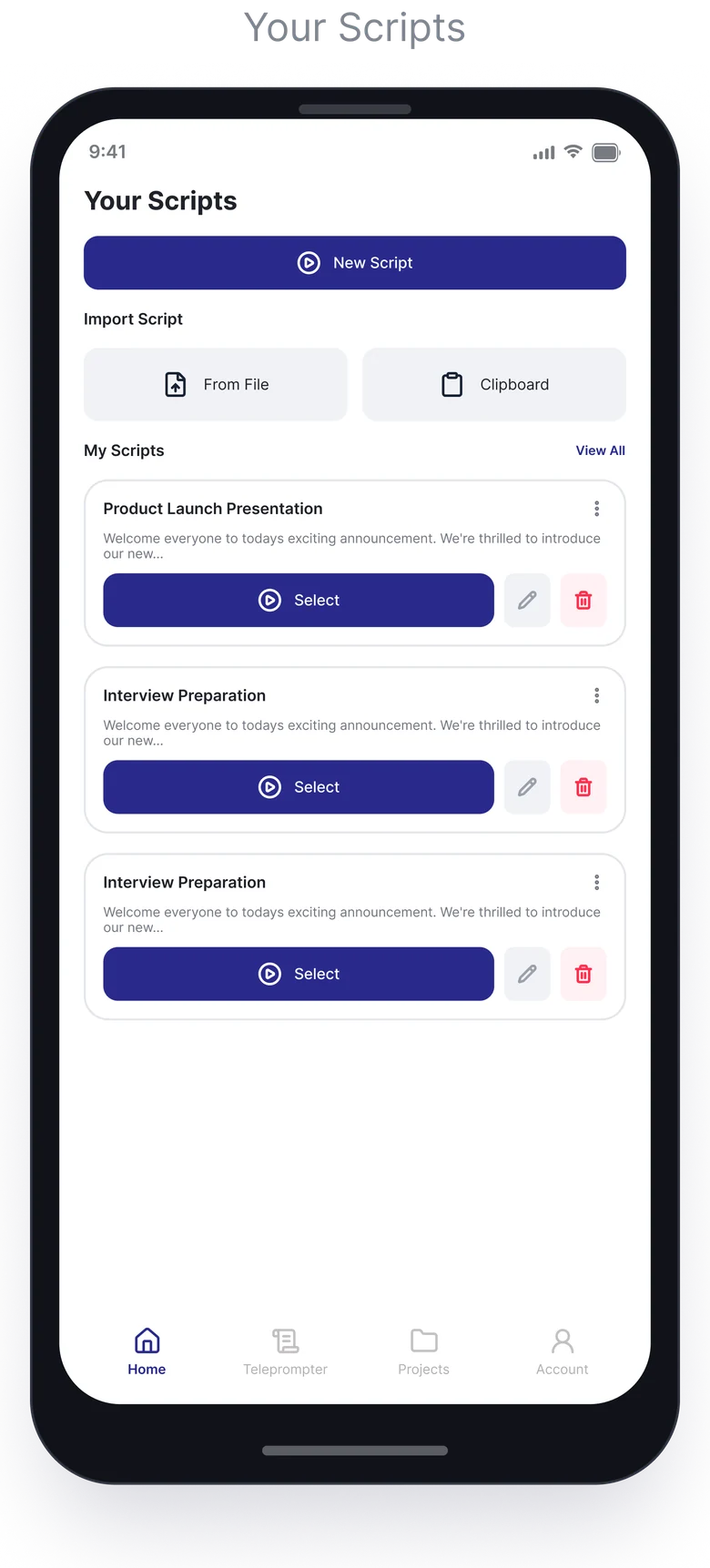AI Teleprompter — Mobile app: Your Scripts