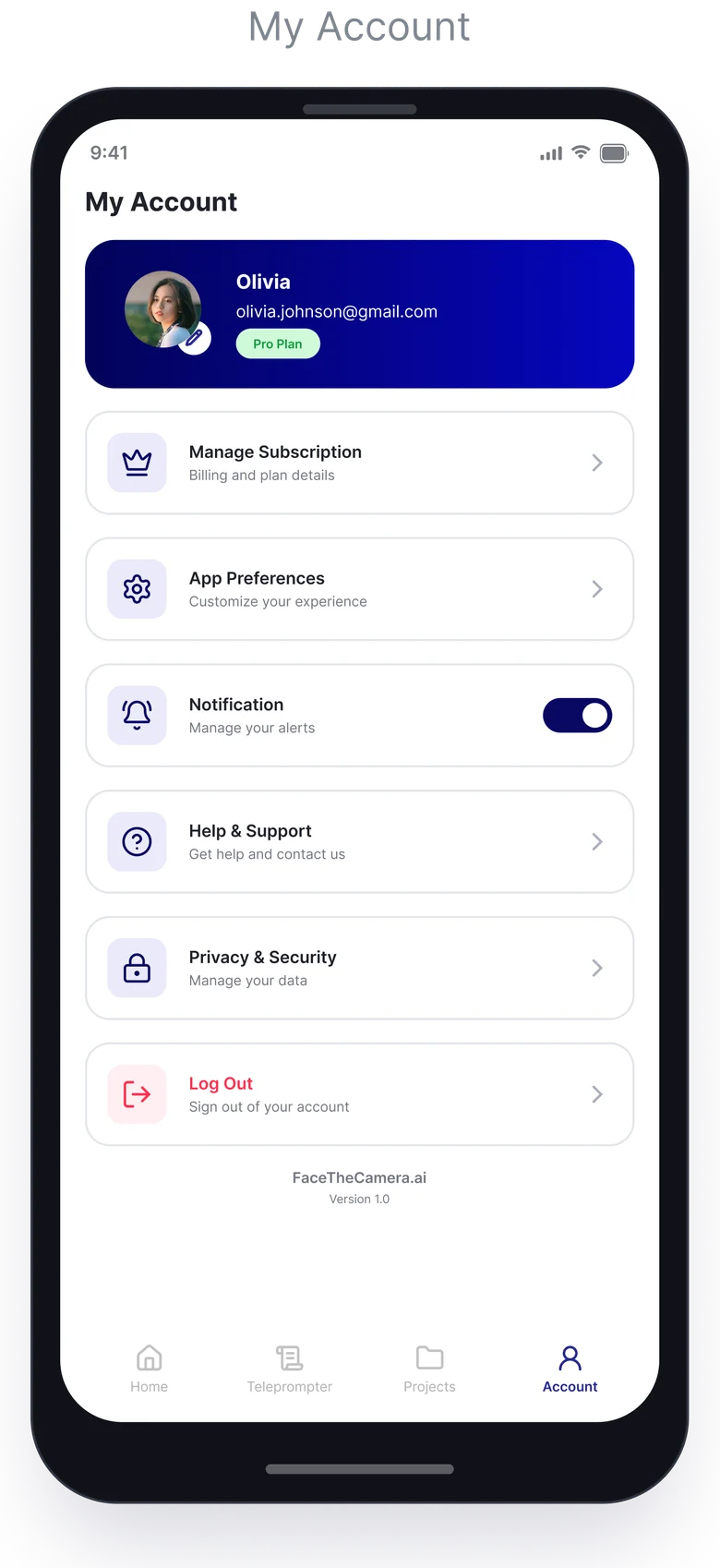 AI Teleprompter — Mobile app: My Account
