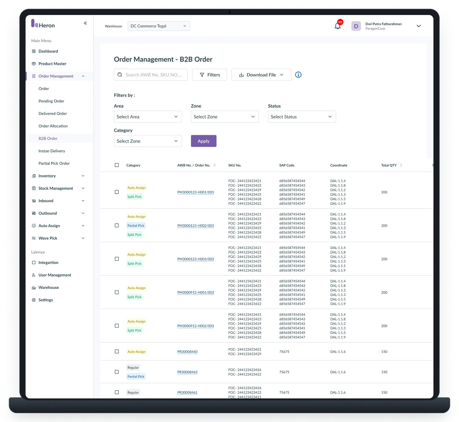 WMS System — Admin dashboard: Order Management — B2B Order